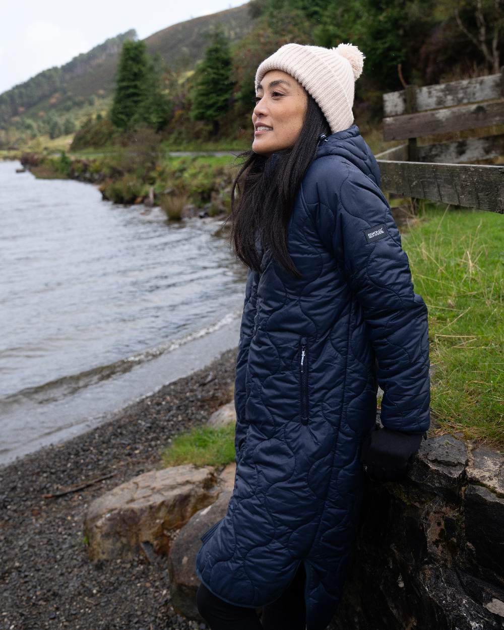 Navy Coloured Regatta Womens Triea Quilted Jacket on lake background