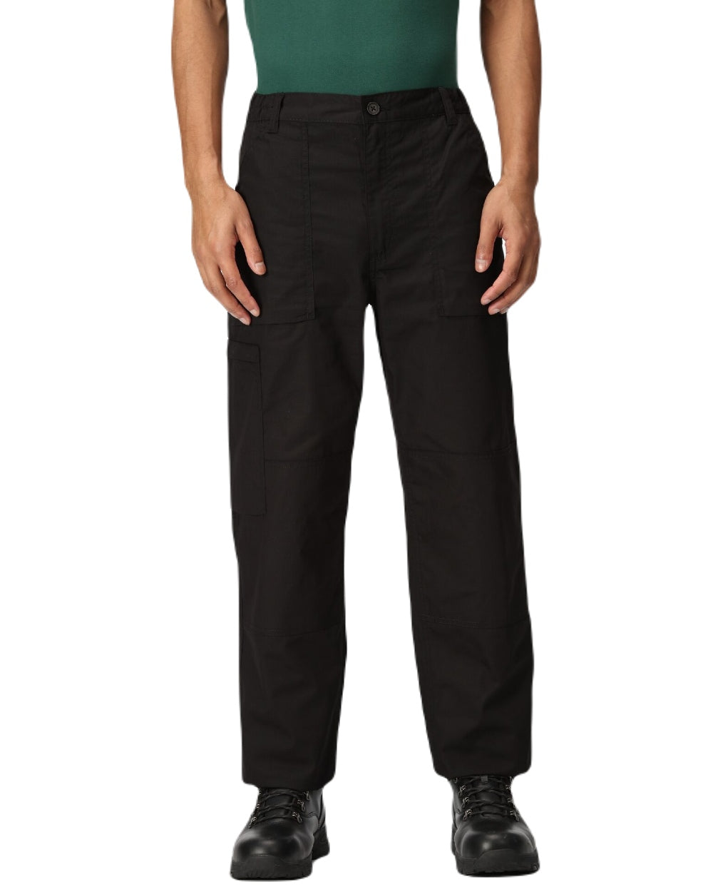 Black coloured Regatta Mens Multi Pocket Action Trousers Long Leg on white background
