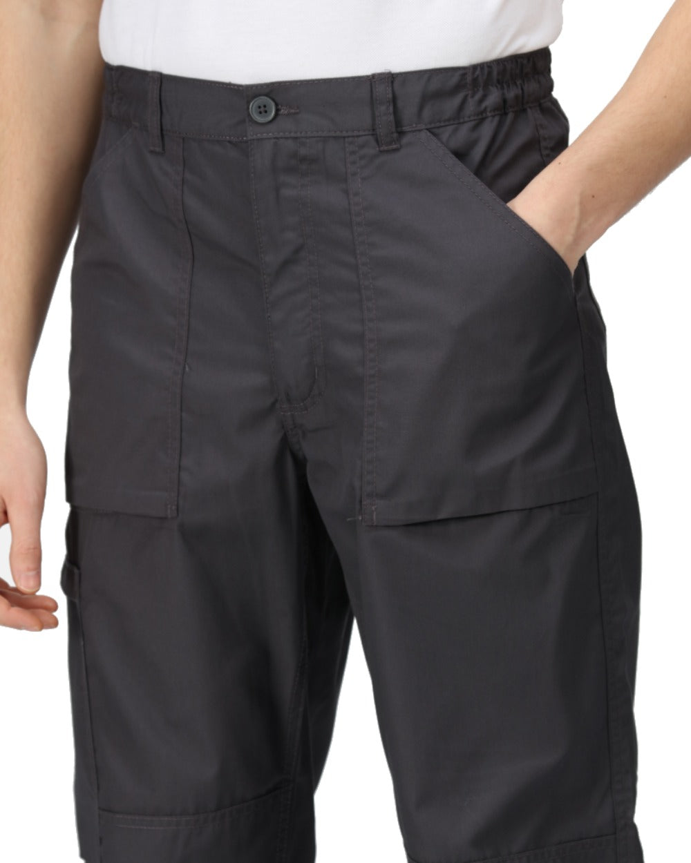 Dark Grey coloured Regatta Mens Multi Pocket Action Trousers Long Leg on white background