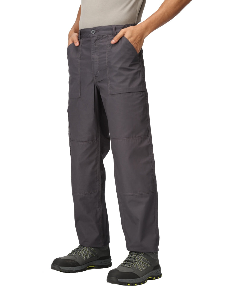 Dark Grey coloured Regatta Mens Multi Pocket Action Trousers Long Leg on white background