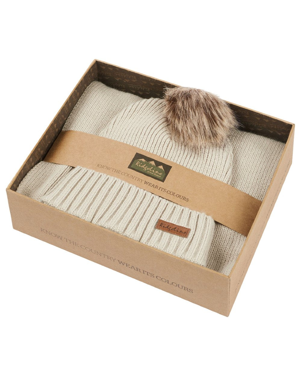Sand coloured Ridgeline Baltic Bobble Hat & Scarf Set on white background