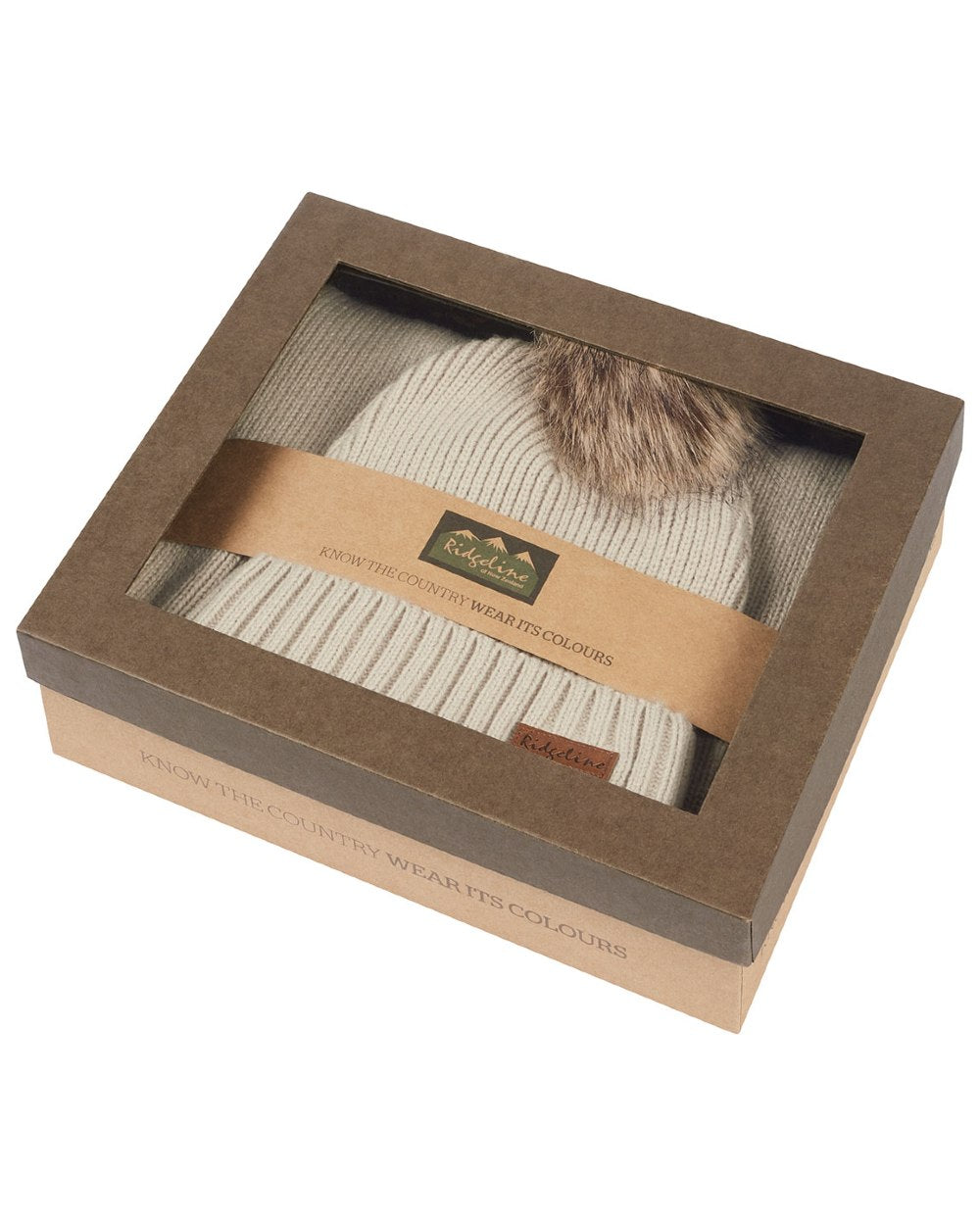 Sand coloured Ridgeline Baltic Bobble Hat & Scarf Set on white background