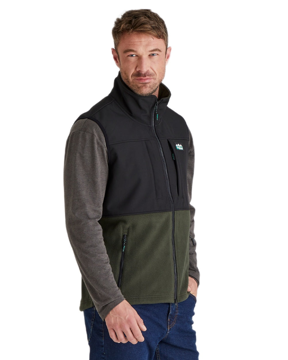 Deep Forest Black coloured Ridgeline Hybrid Fleece Gilet on white background