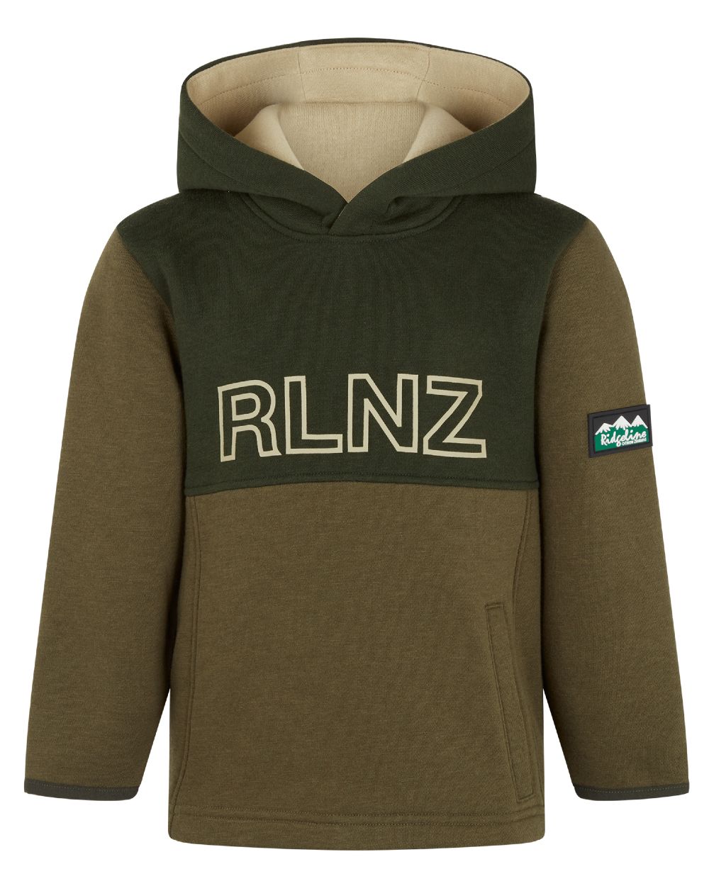 Olive coloured Ridgeline Kids NZ Hoodie on white background