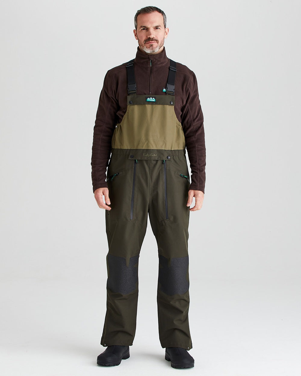 Deep Forest coloured Ridgeline Mens Agri Pro Bib & Brace on grey background