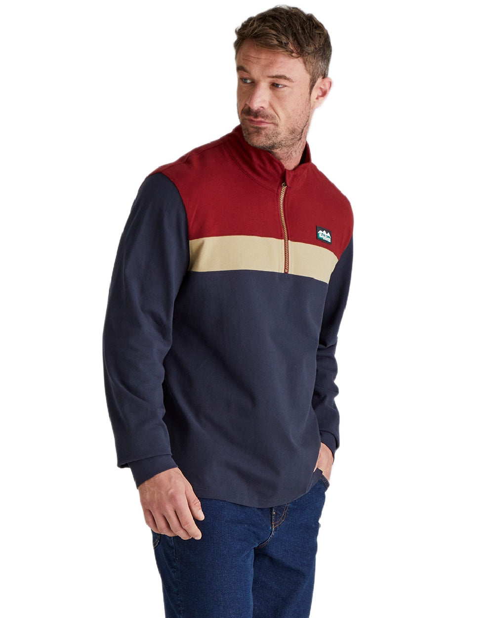 Navy Multi coloured Ridgeline Mens Backslider Rugby Top on white background