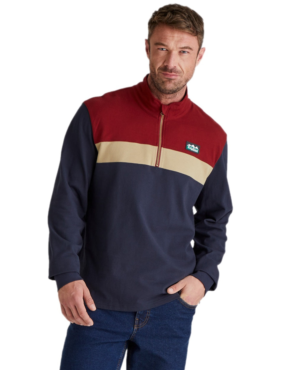 Navy Multi coloured Ridgeline Mens Backslider Rugby Top on white background