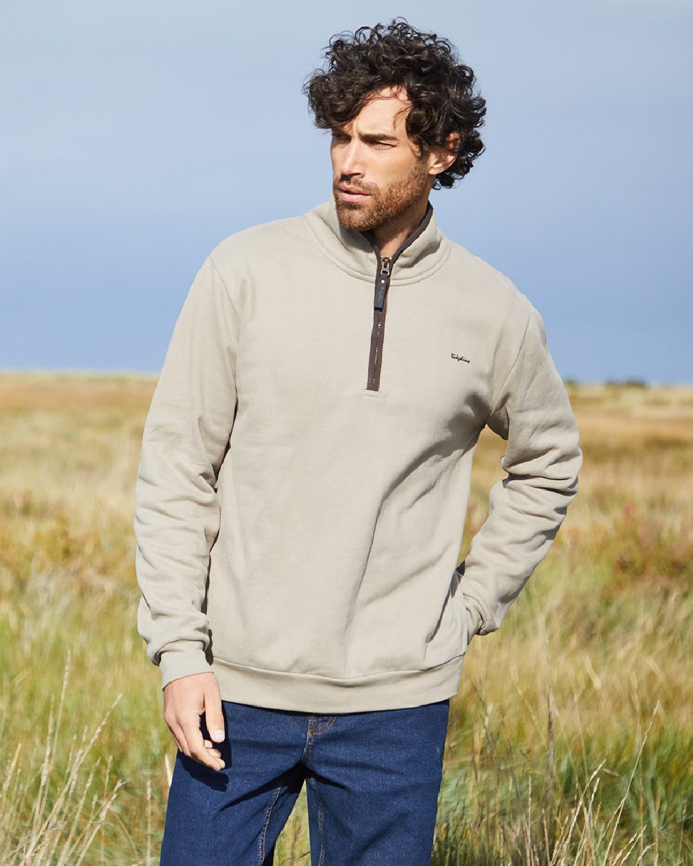Roasted Cashew Coloured Ridgeline Mens Brancaster Quarter Zip Top on outdoor background