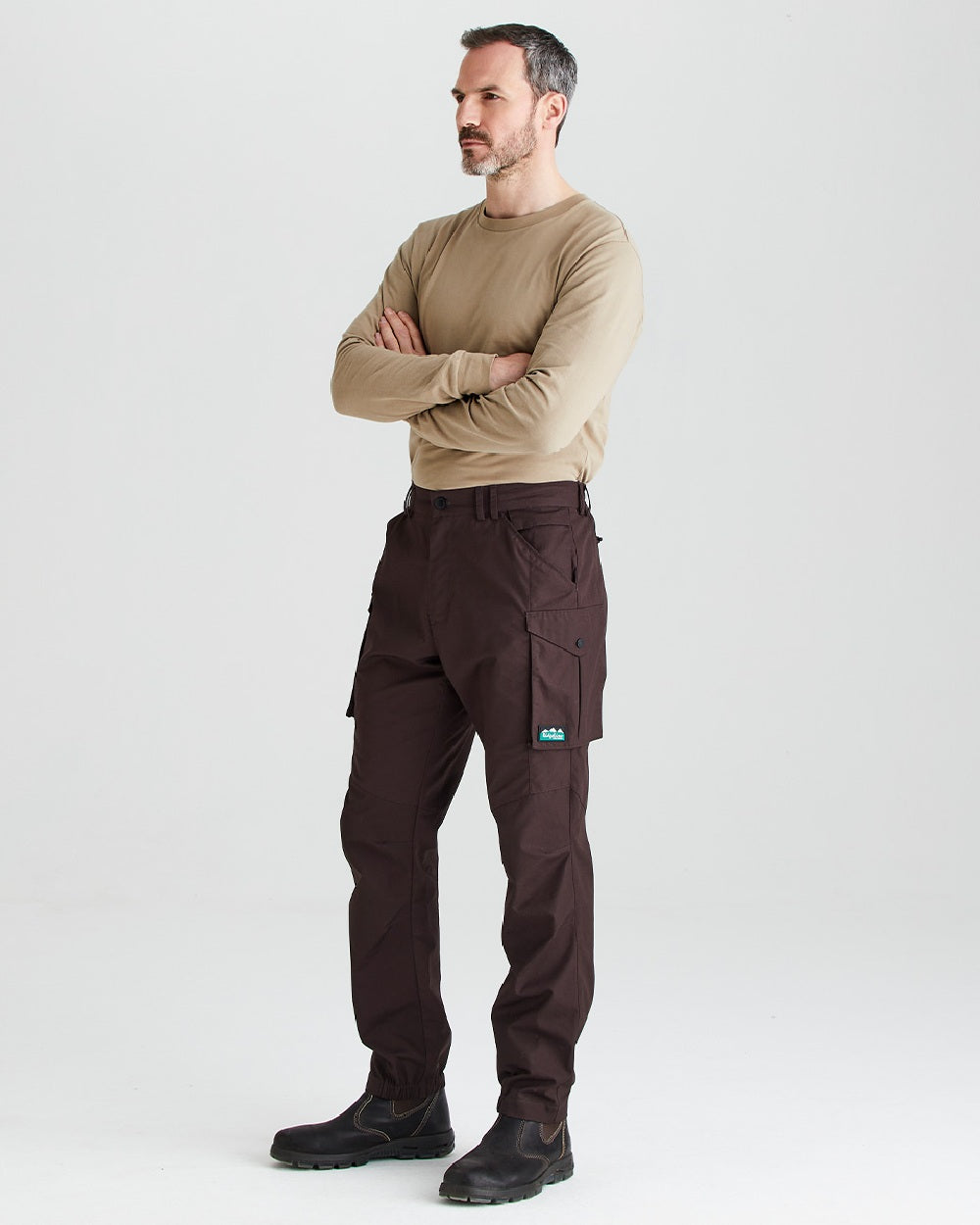 Deep Bark coloured Ridgeline Mens Grafter Trousers on grey background