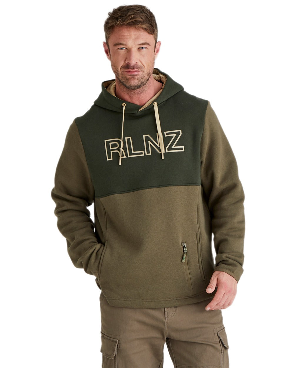Olive coloured Ridgeline Mens South Island Hoodie on white background