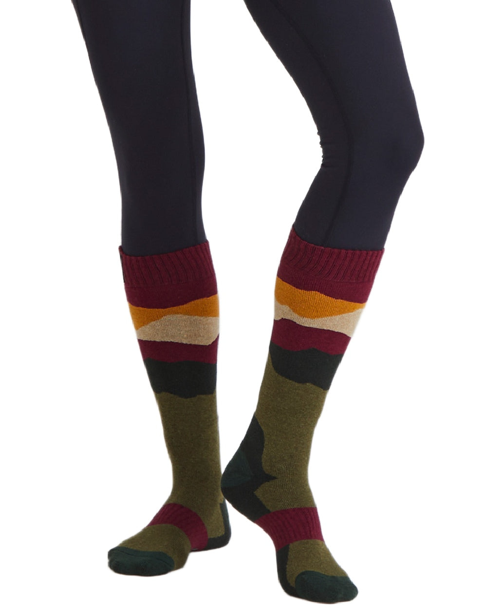 Berry Stripes Coloured Ridgeline Merino Wool Full Length Socks on white background