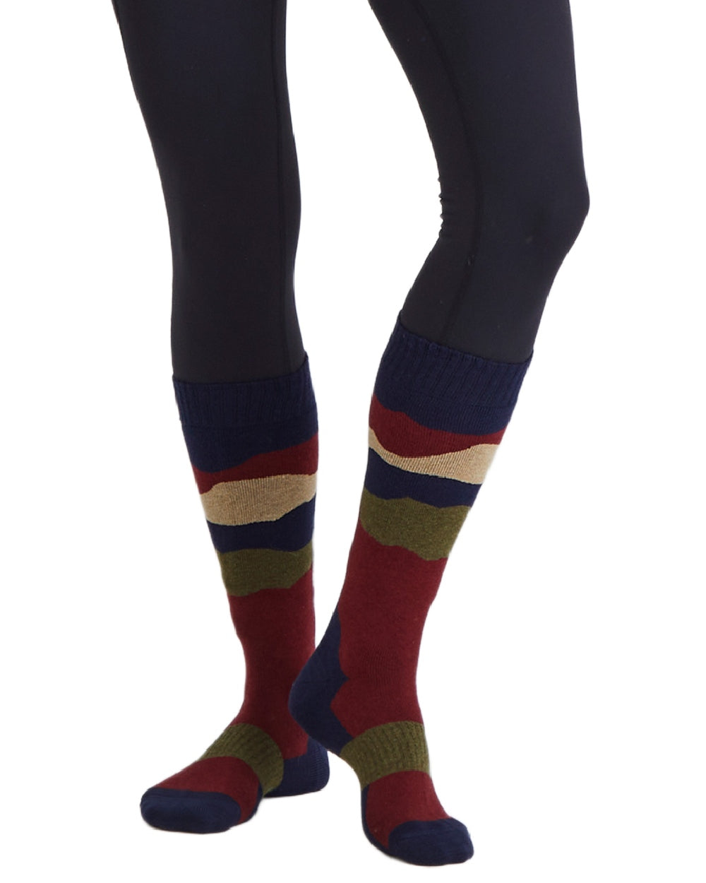 Navy Stripes Coloured Ridgeline Merino Wool Full Length Socks on white background