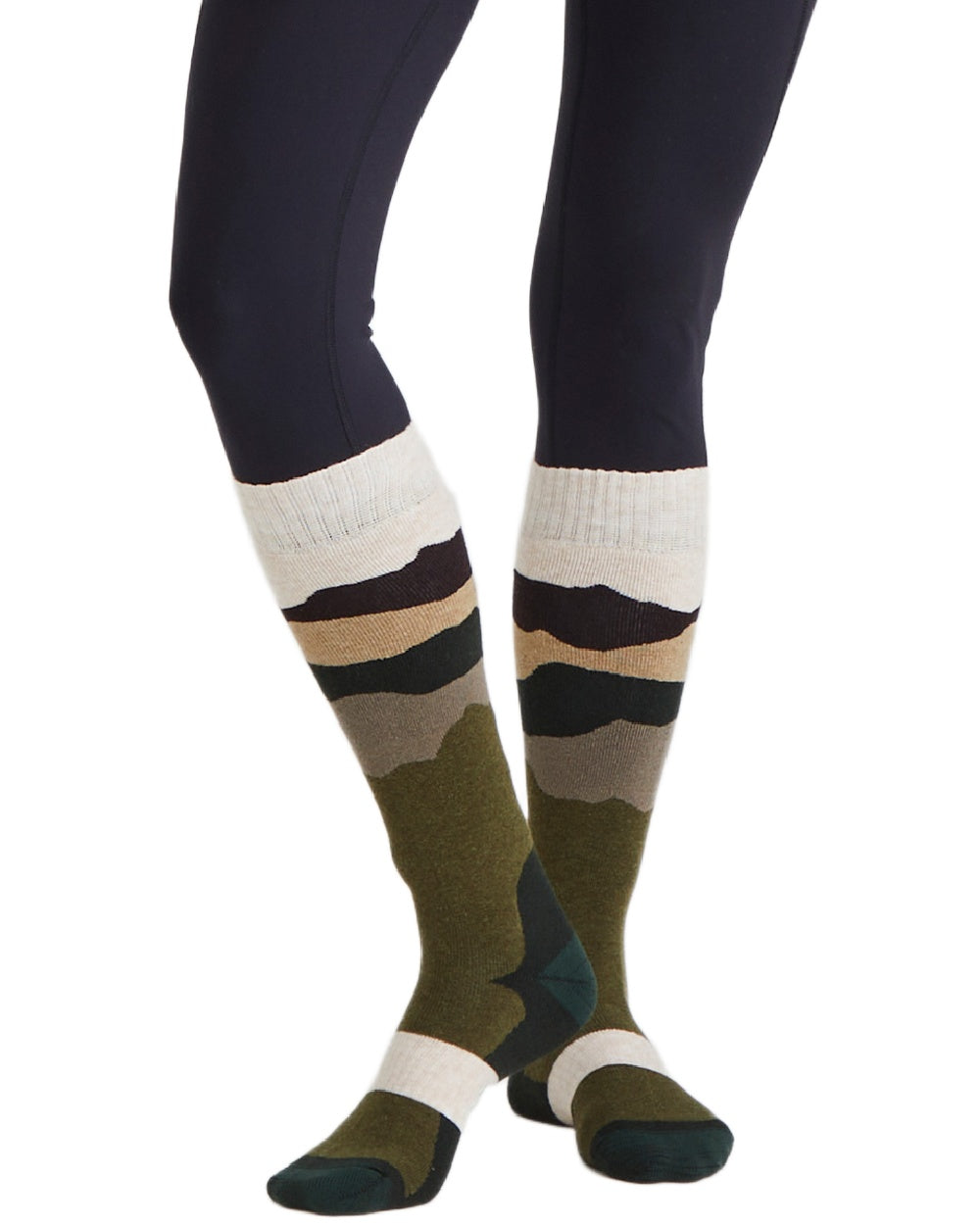 Olive Stripes Coloured Ridgeline Merino Wool Full Length Socks on white background