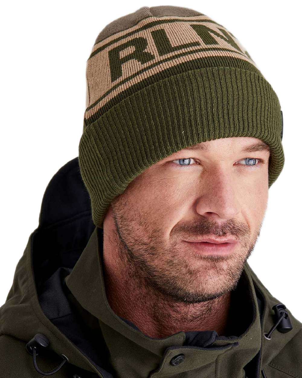 Olive Multi Coloured Ridgeline RLNZ Knitted Beanie on white background