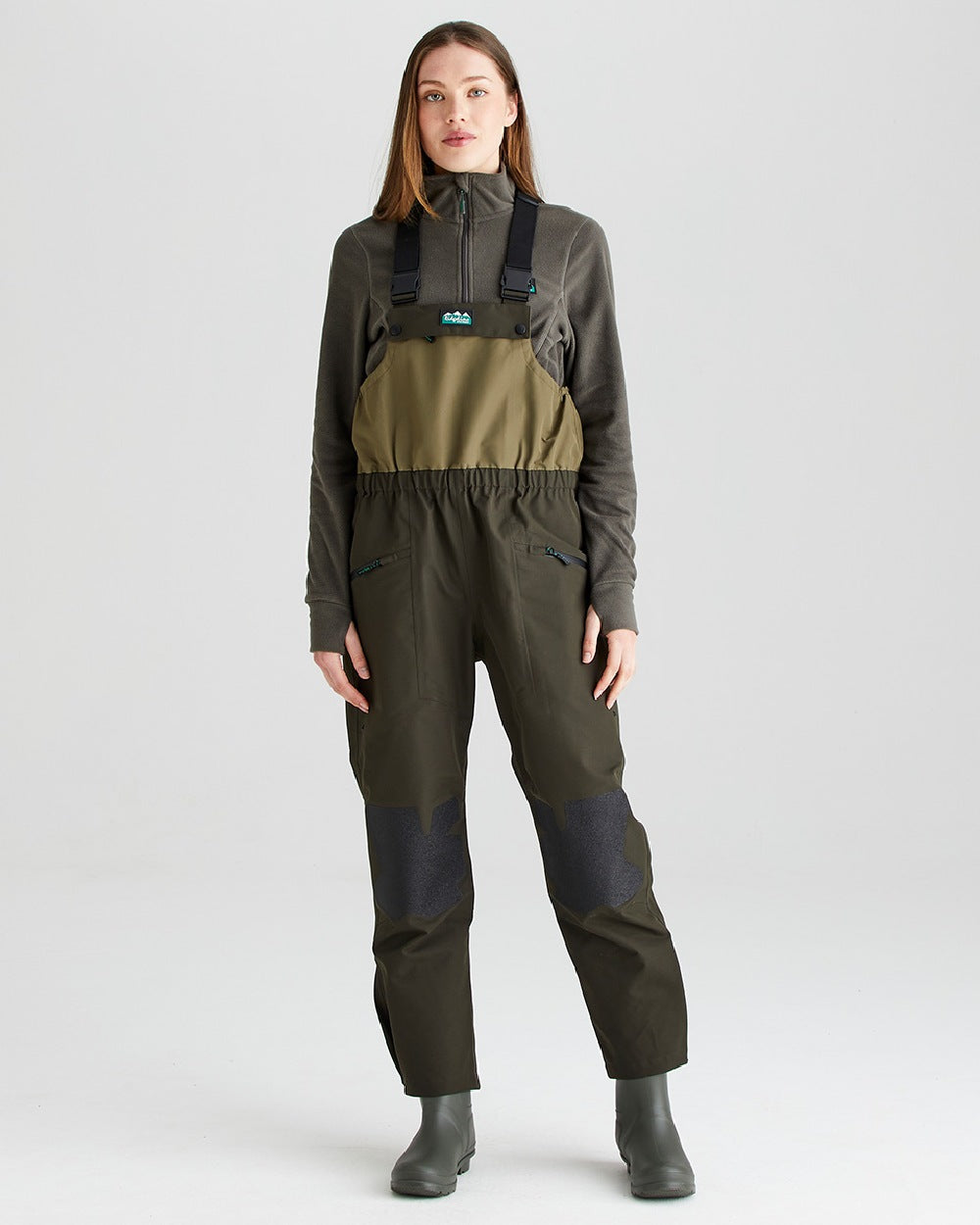Deep Forest coloured Ridgeline Womens Agri Pro Bib & Brace on grey background