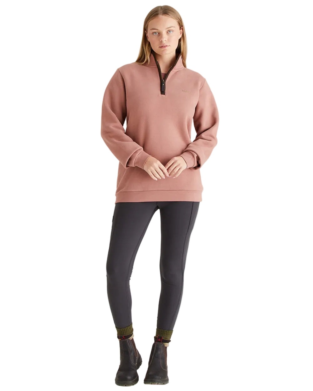 Dusky Pink Coloured Ridgeline Womens Brancaster Quarter Zip Top on white background