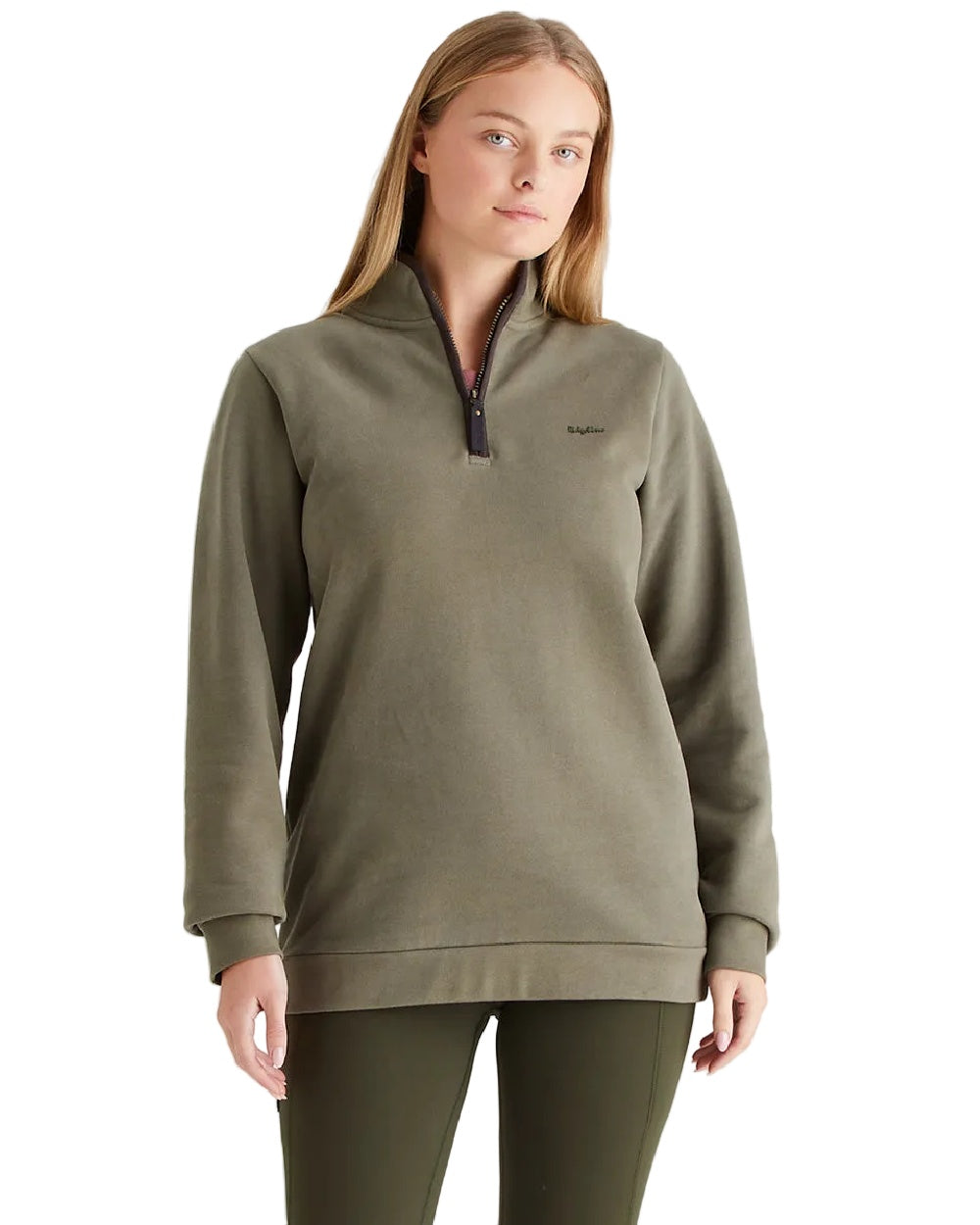 Smokey Olive Coloured Ridgeline Womens Brancaster Quarter Zip Top on white background