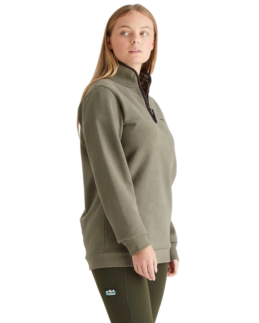 Smokey Olive Coloured Ridgeline Womens Brancaster Quarter Zip Top on white background