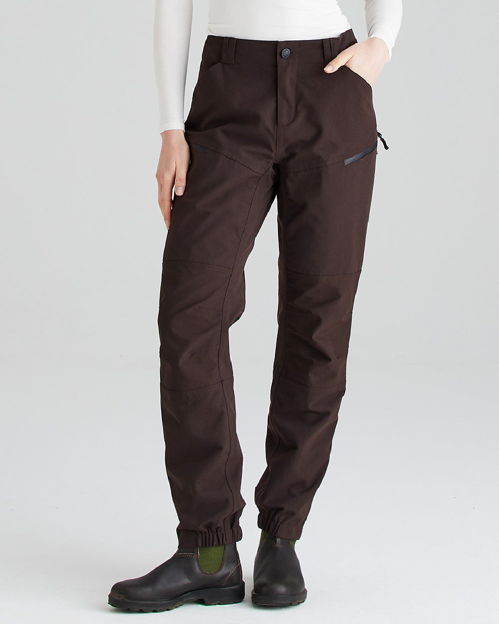 Deep Bark coloured Ridgeline Womens Cambrian Trousers on grey background