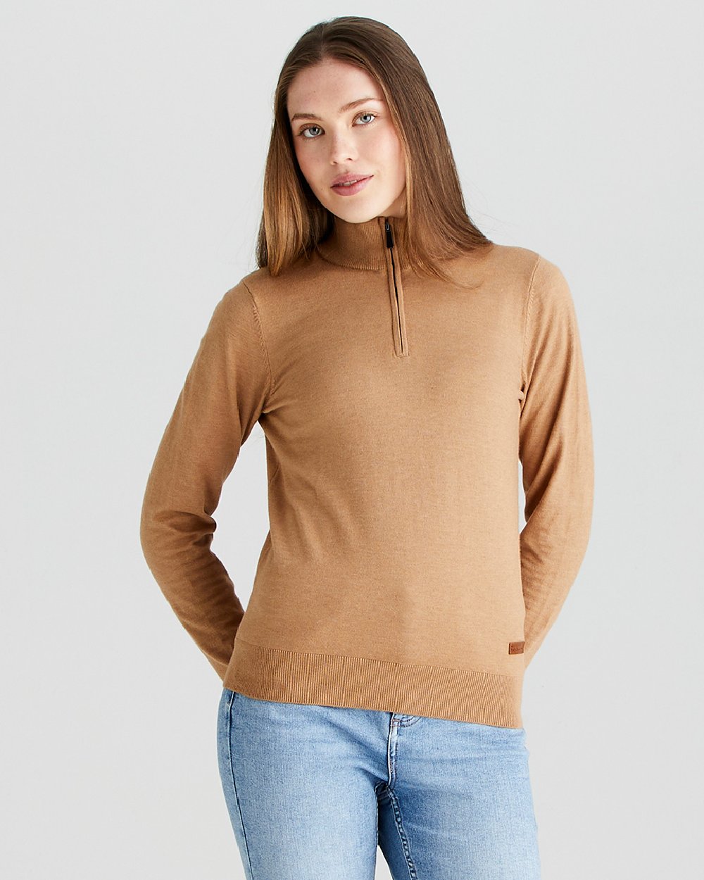Sienna coloured Ridgeline Womens Melford Knit 1/4 Zip Jumper on grey background