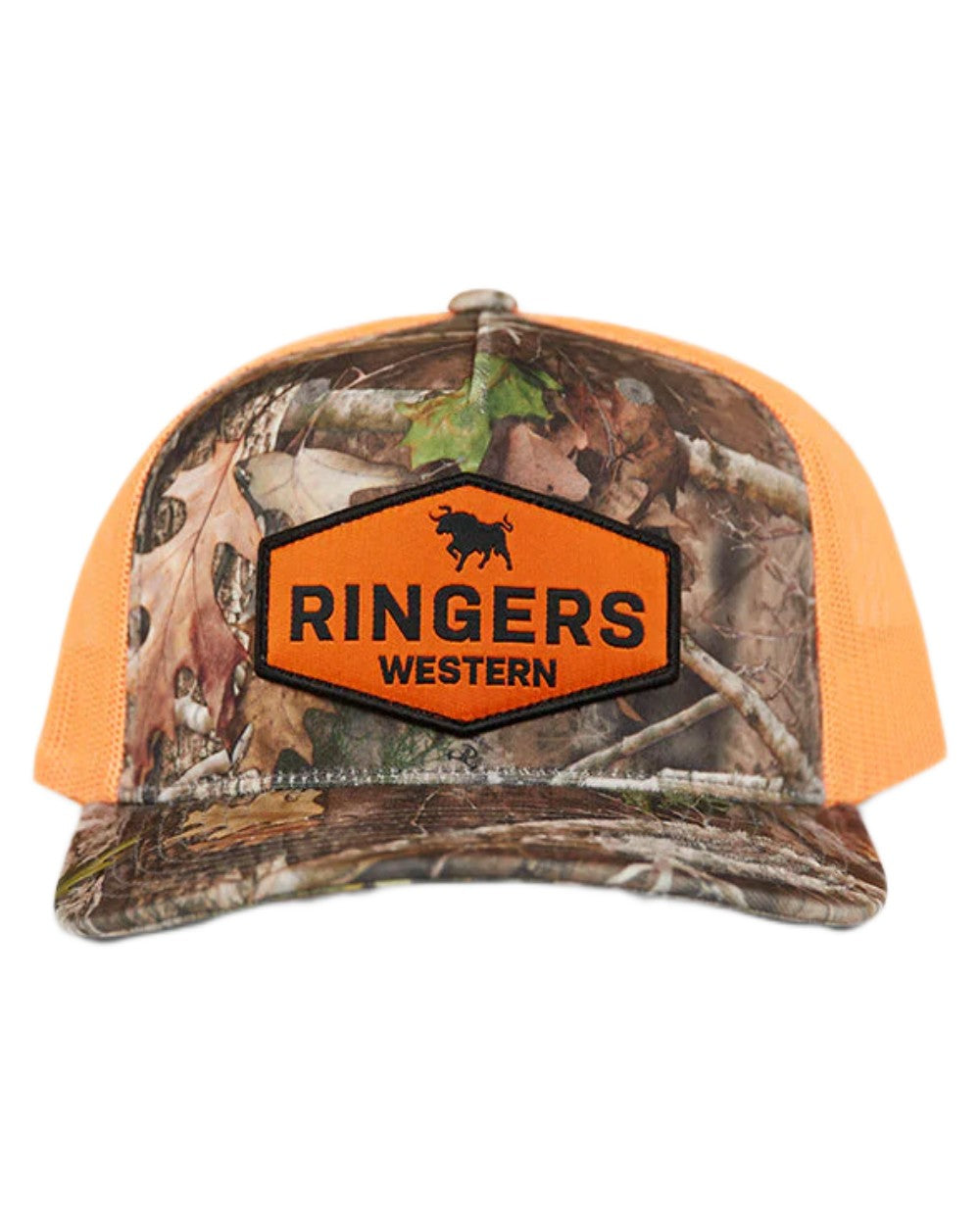Camo Orange coloured Ringers Western Scotty Trucker Cap on white background