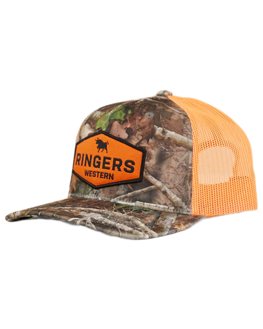 Camo Orange coloured Ringers Western Scotty Trucker Cap on white background