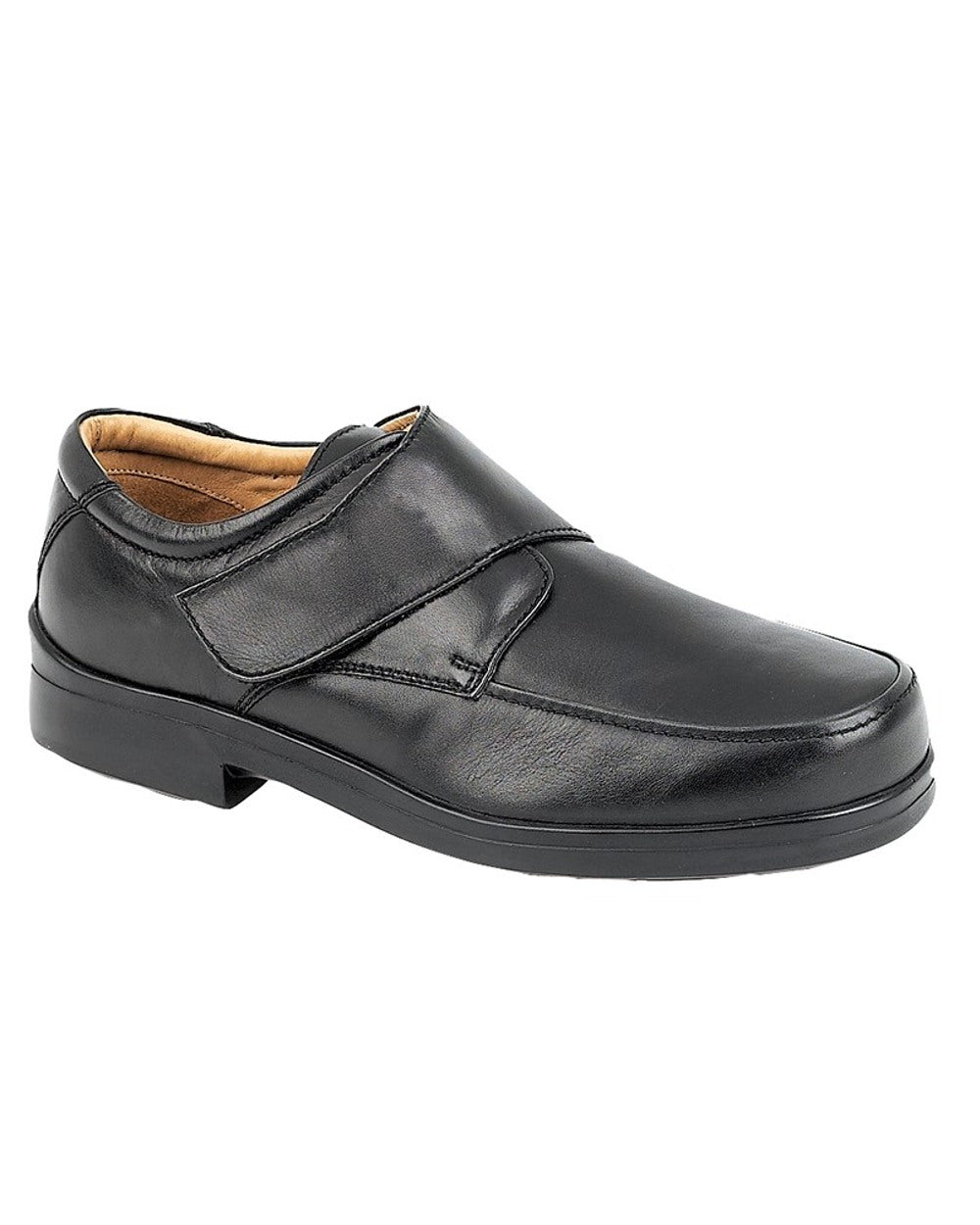 Black coloured Roamers Mens Extra Wide Touch Fastening Casual Shoes on white background