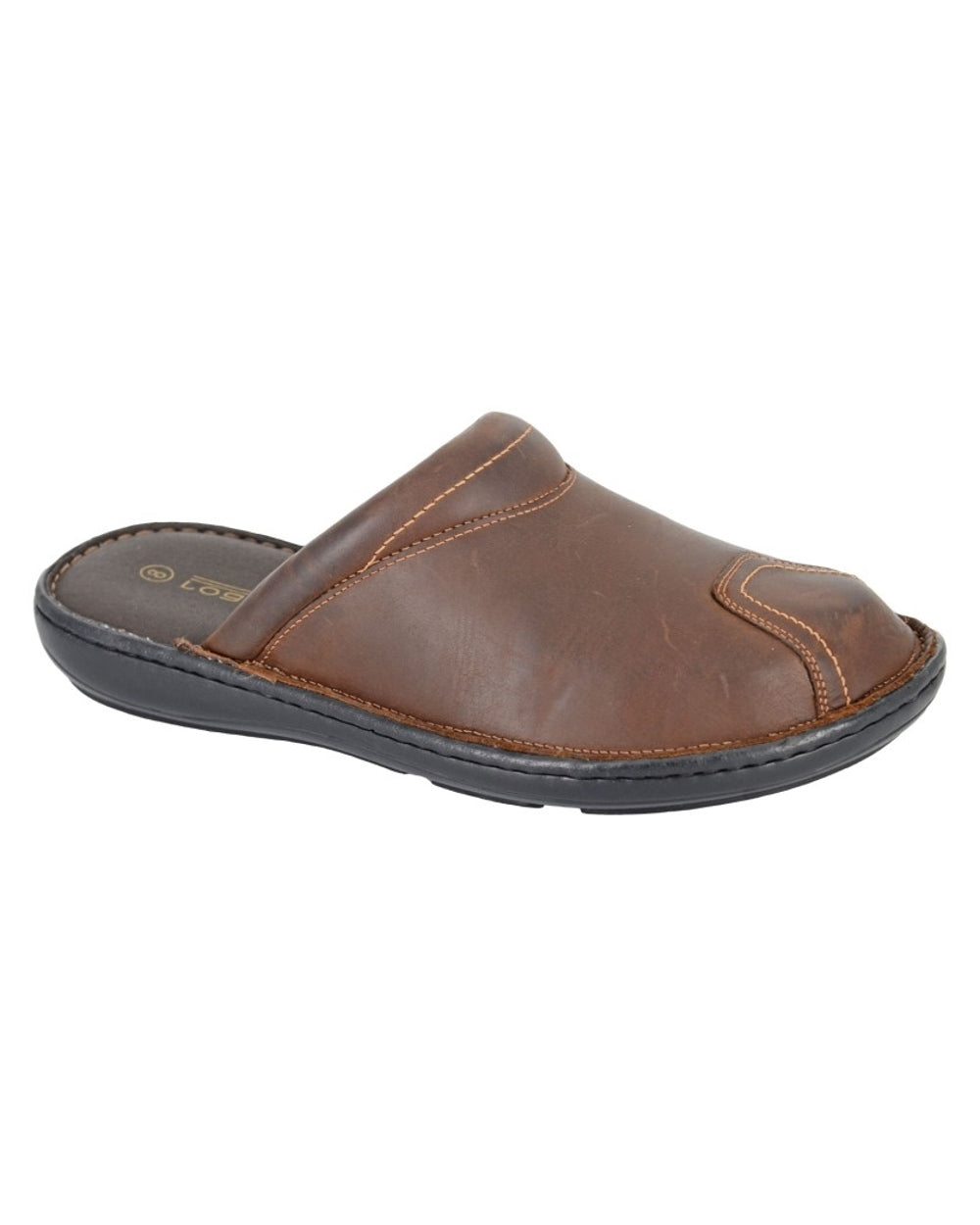 Brown coloured Roamers Mens Padded Brown Leather Stitch Down Clogs on white background