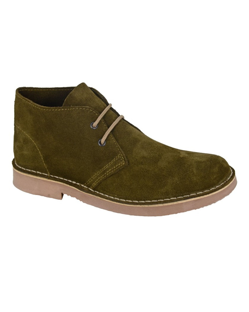 Khaki coloured Roamers Mens Round Toe Desert Boots on white background