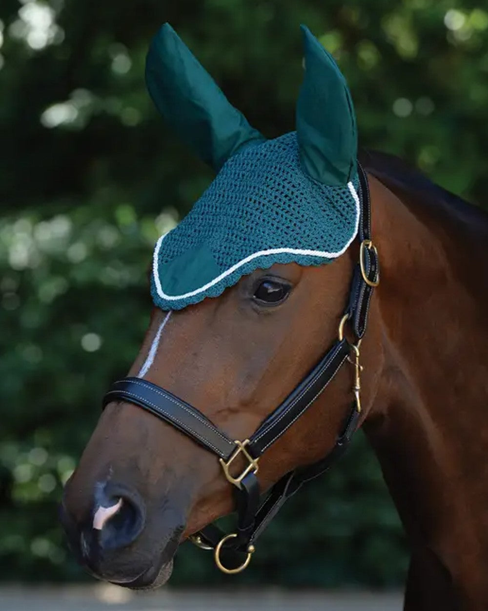 Green White coloured Roma Crochet Ear Cover on blurry background