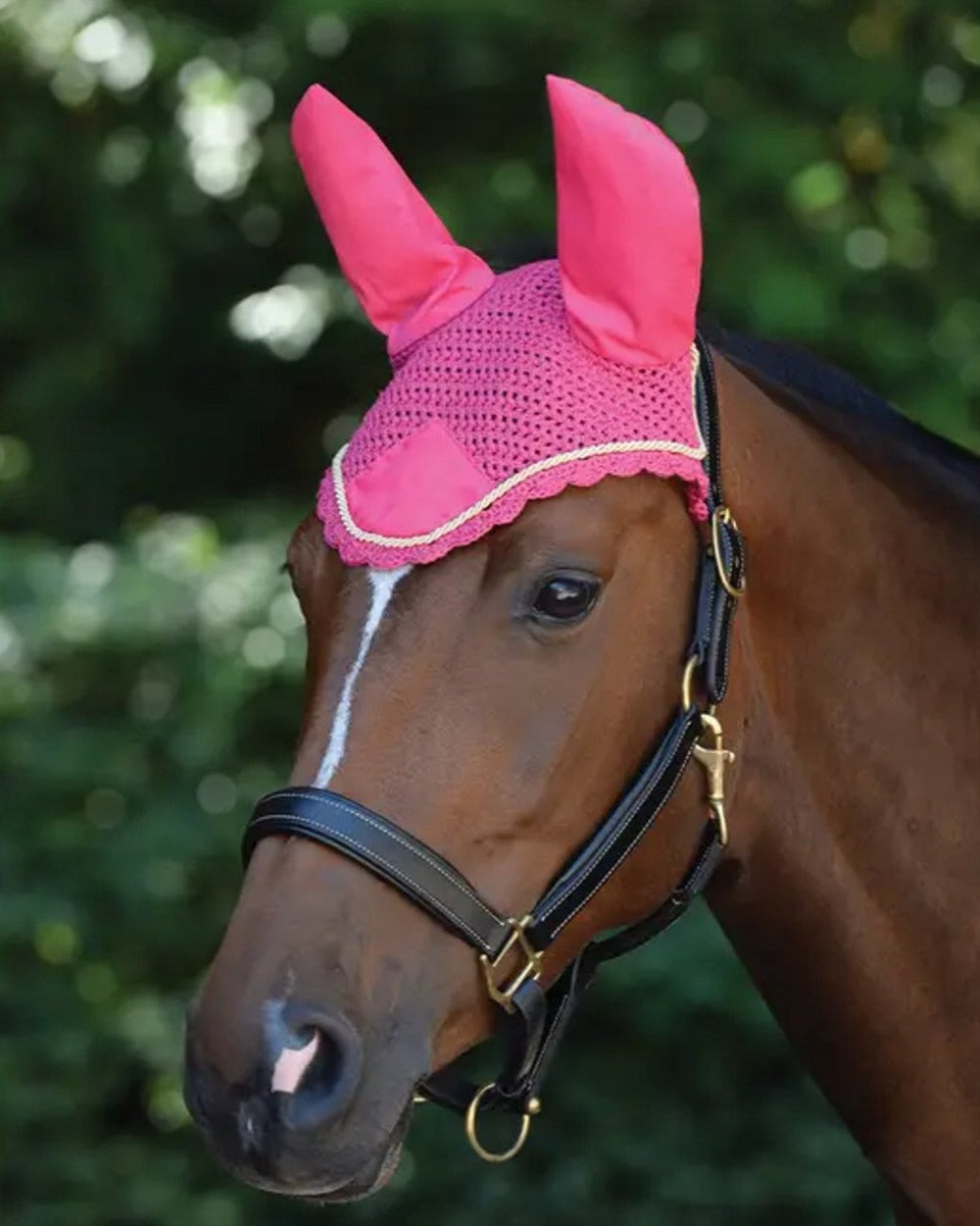 Pink Gold coloured Roma Crochet Ear Cover on blurry background
