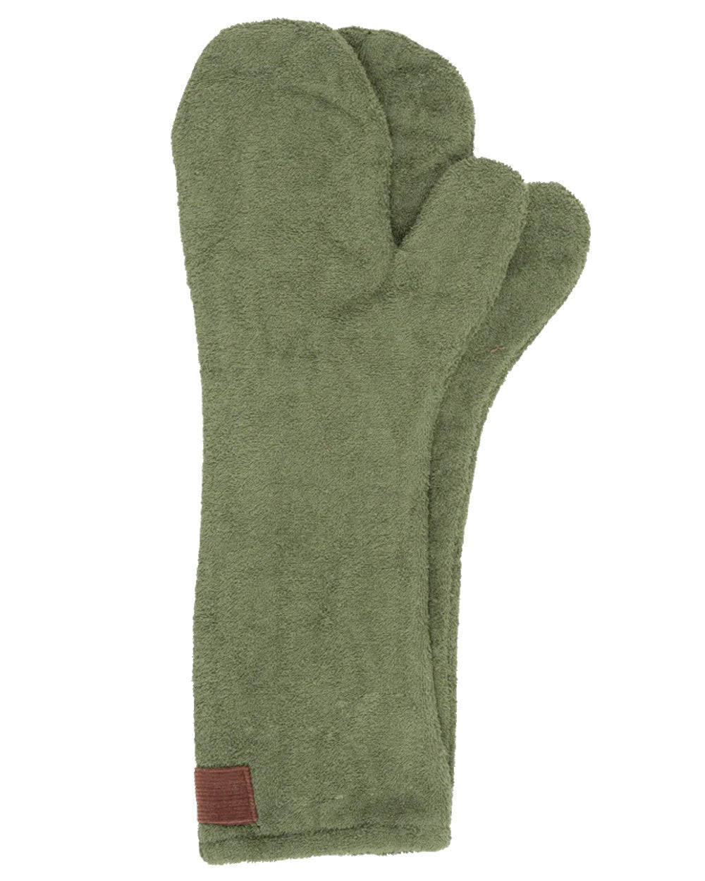 Moss coloured Ruff & Tumble Dog Drying Mitts on white background