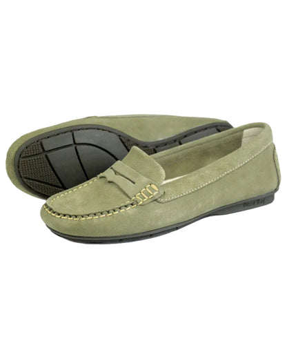 Sage Coloured Orca Bay Womens Florence Suede Loafers On A White Background 