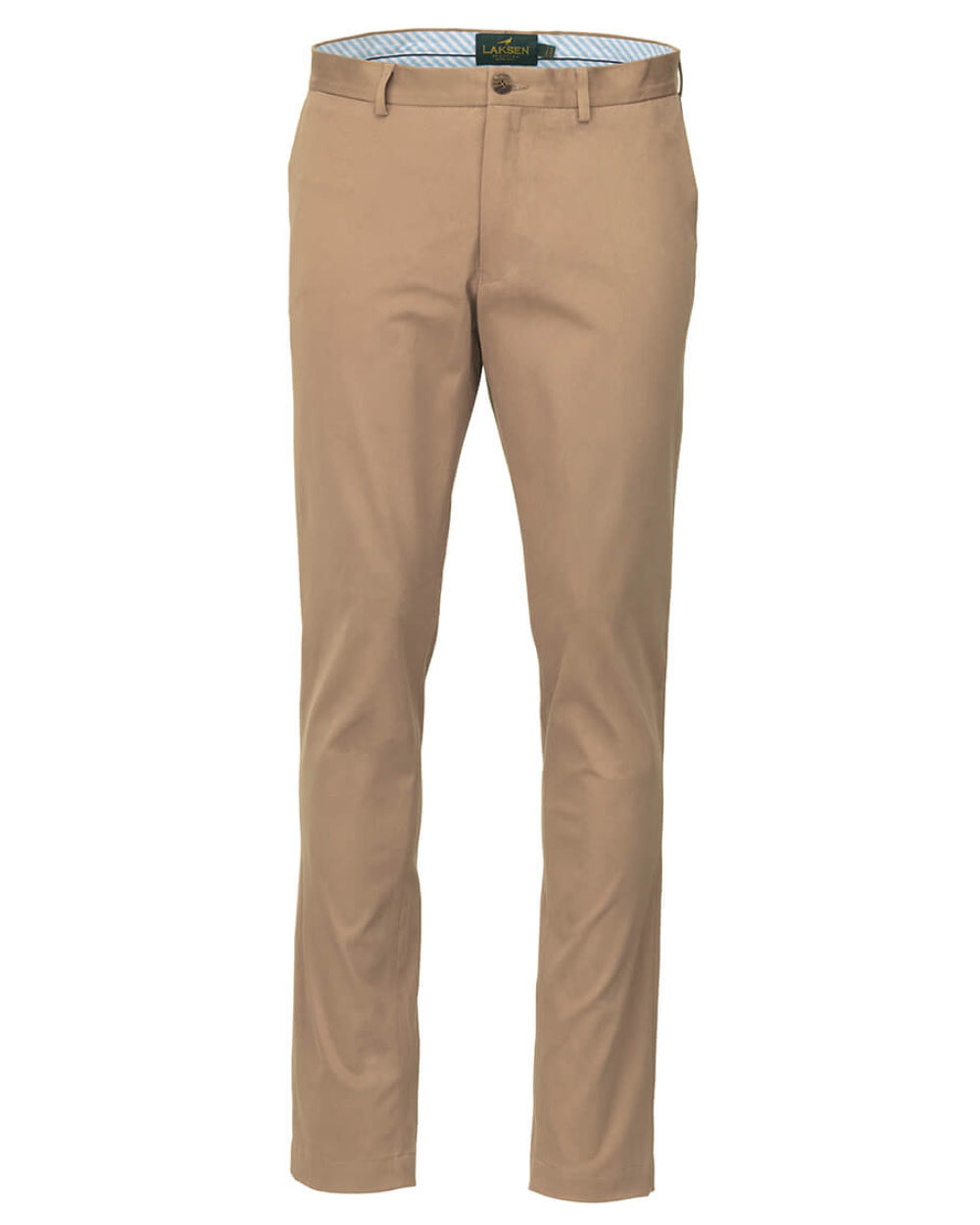 Sand Coloured Laksen Lumley Chino Trousers On A White Background