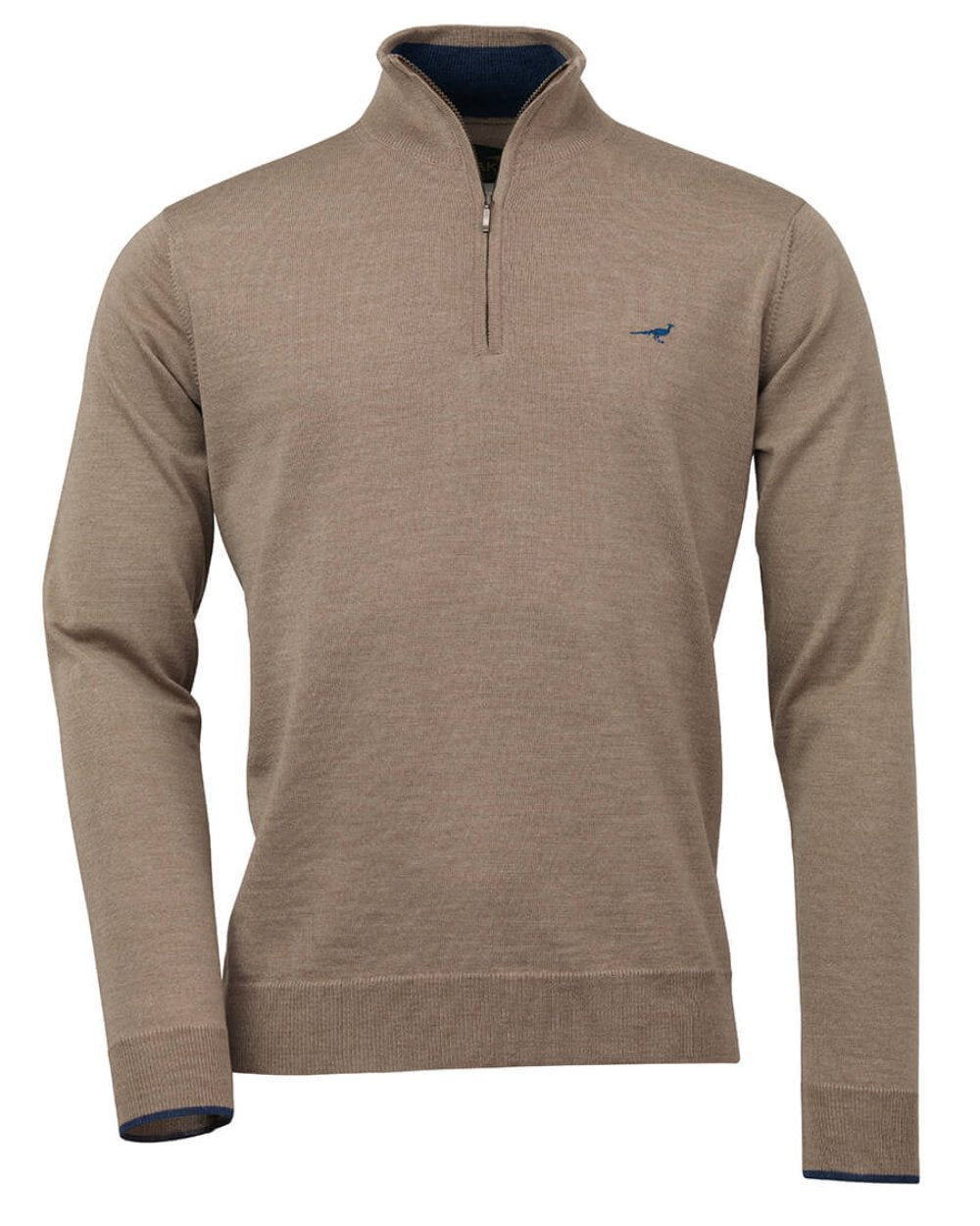 Sand Coloured Laksen Norfolk Zip Neck Merino Sweater On A White Background