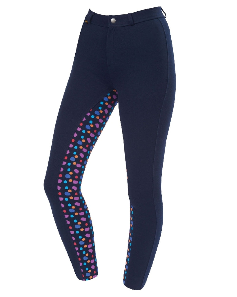 Navy Spot Print coloured Saxon Childrens Warm Up Cotton Euro Seat Jodhpurs II on white background