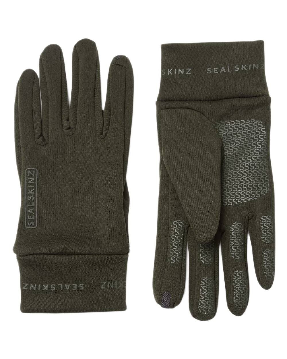 Olive Coloured Sealskinz Acle Water Repellent Nano Fleece Glove on white background