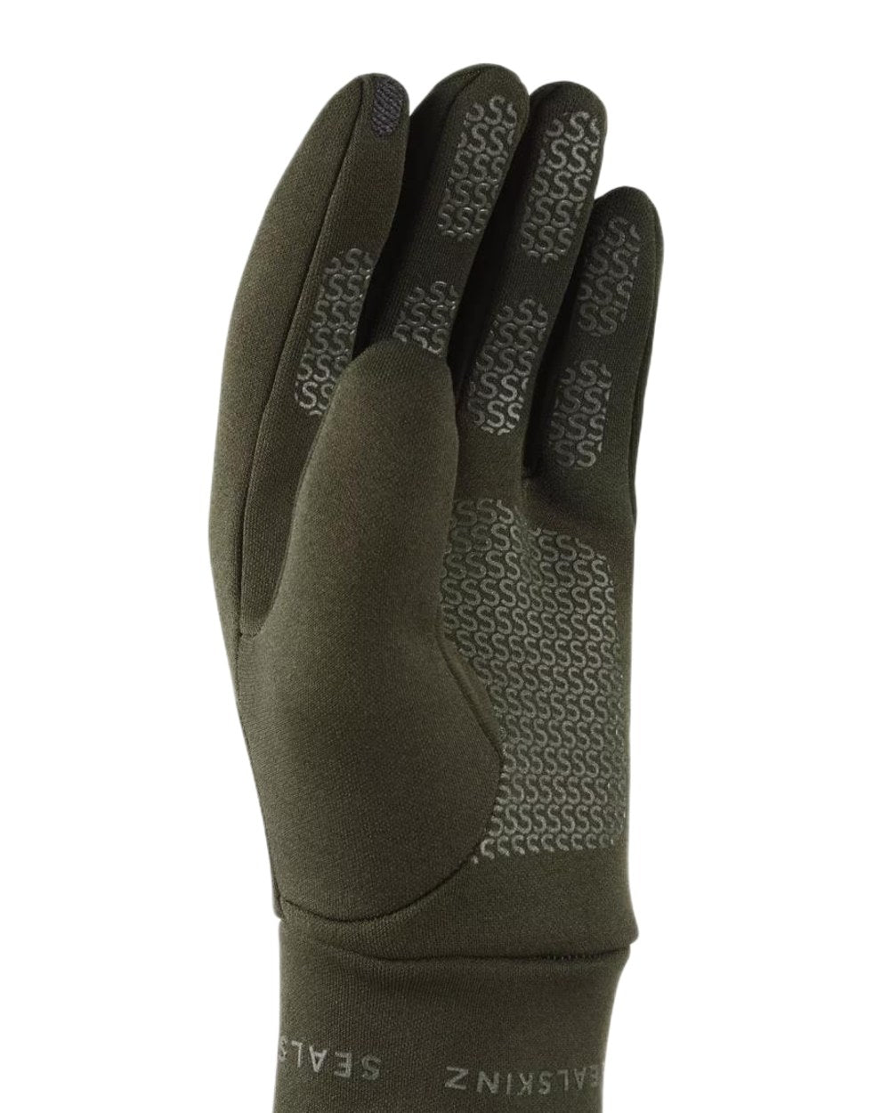 Olive Coloured Sealskinz Acle Water Repellent Nano Fleece Glove on white background