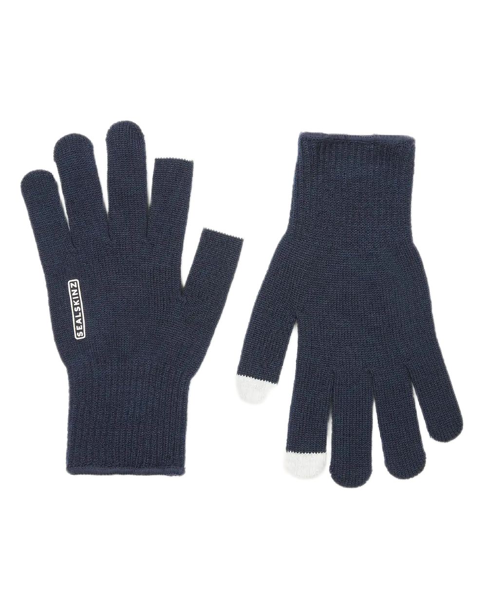 Navy Coloured Sealskinz Hanworth Solo Merino Glove on white background
