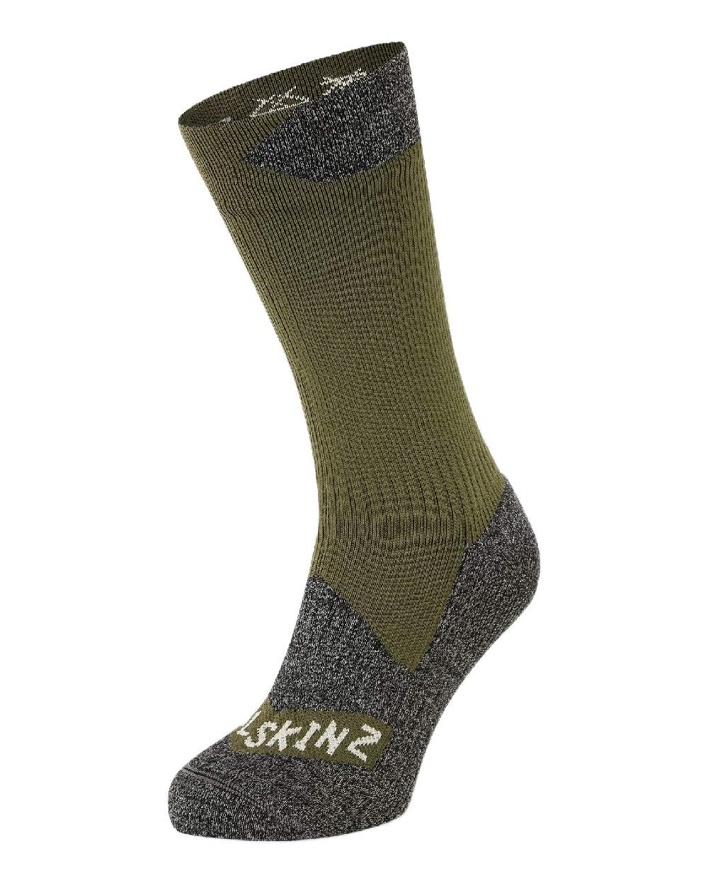 Olive Coloured Sealskinz Raynham Waterproof All Weather Mid Length Sock on white background
