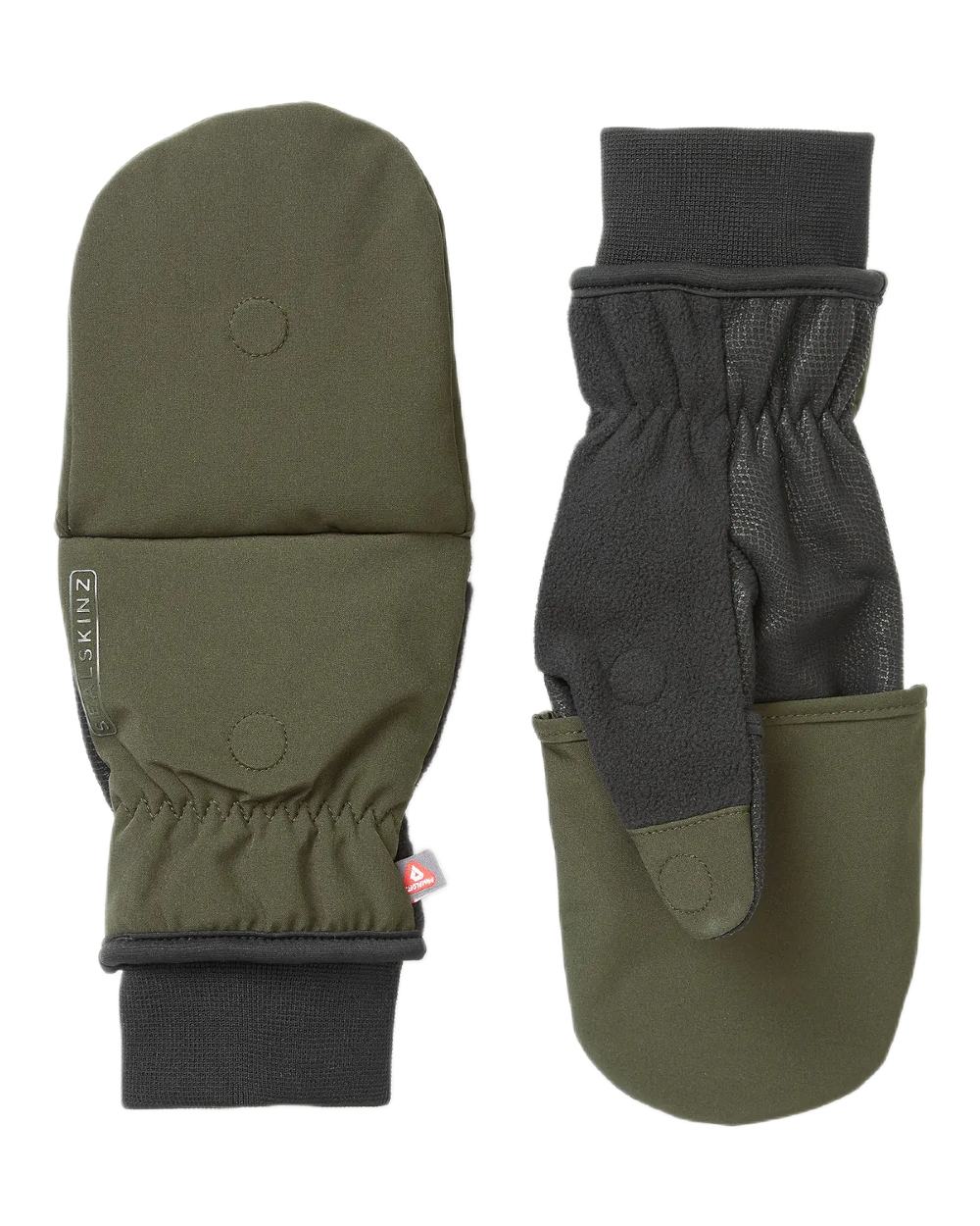 Olive Coloured Sealskinz Walpole Windproof Cold Weather Convertible Mitt on white background