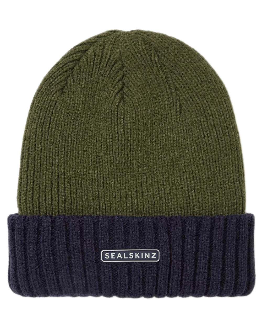 Olive coloured Sealskinz Bacton Waterproof Roll Cuff Beanie on white background