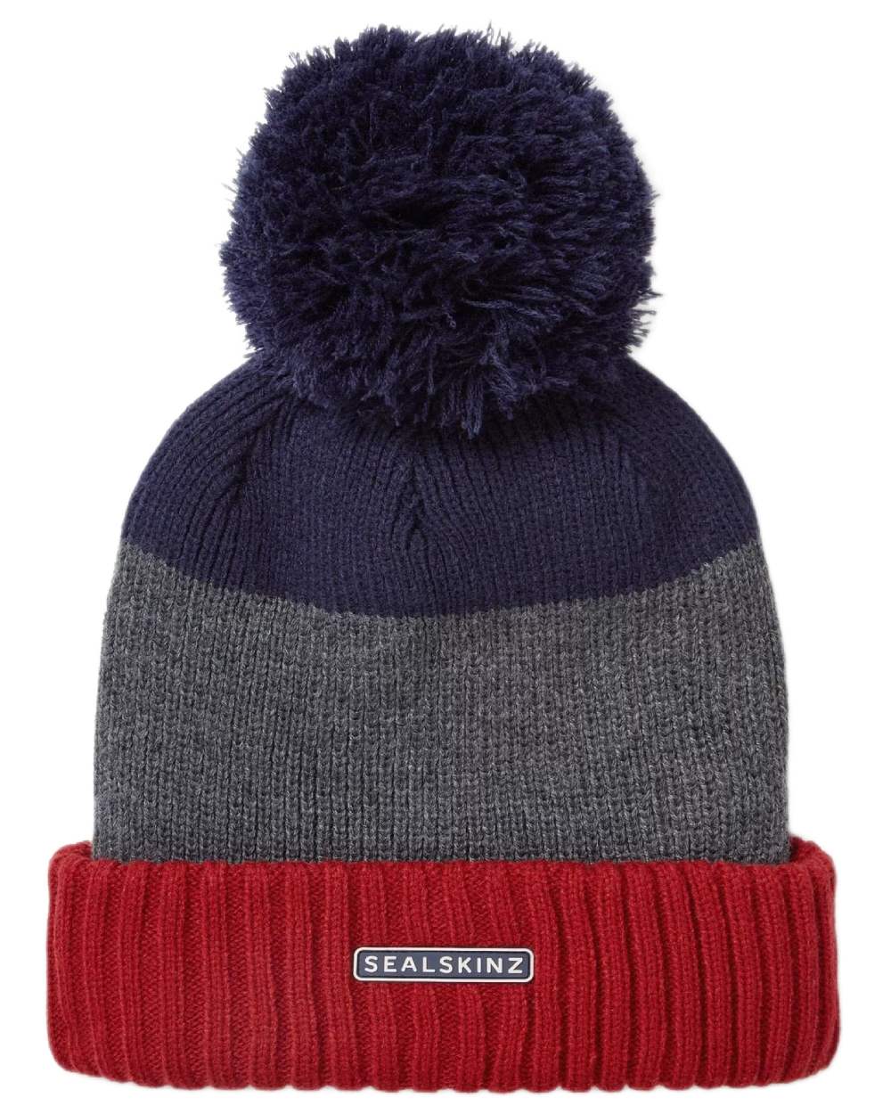 Orange Navy coloured Sealskinz Flitcham Waterproof Cold Weather Bobble Hat on white background
