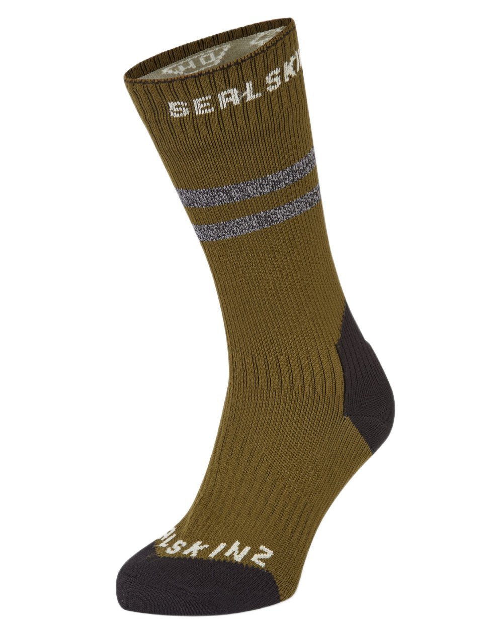 Olive coloured Sealskinz Runton Waterproof Mid Length Hydrostop Socks on white background