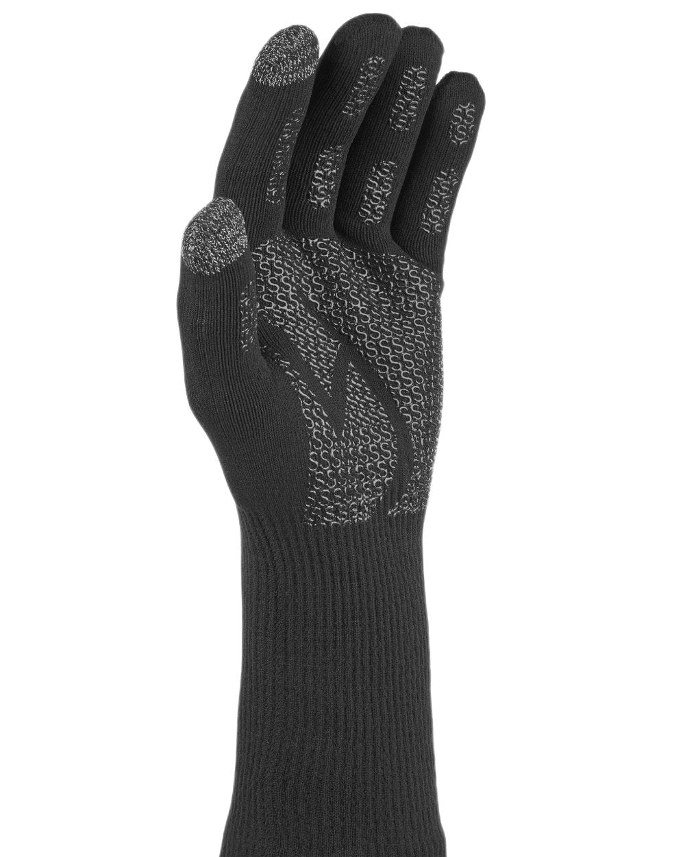 Black coloured Sealskinz Skeyton Waterproof Ultra Grip Knitted Gauntlet on white background