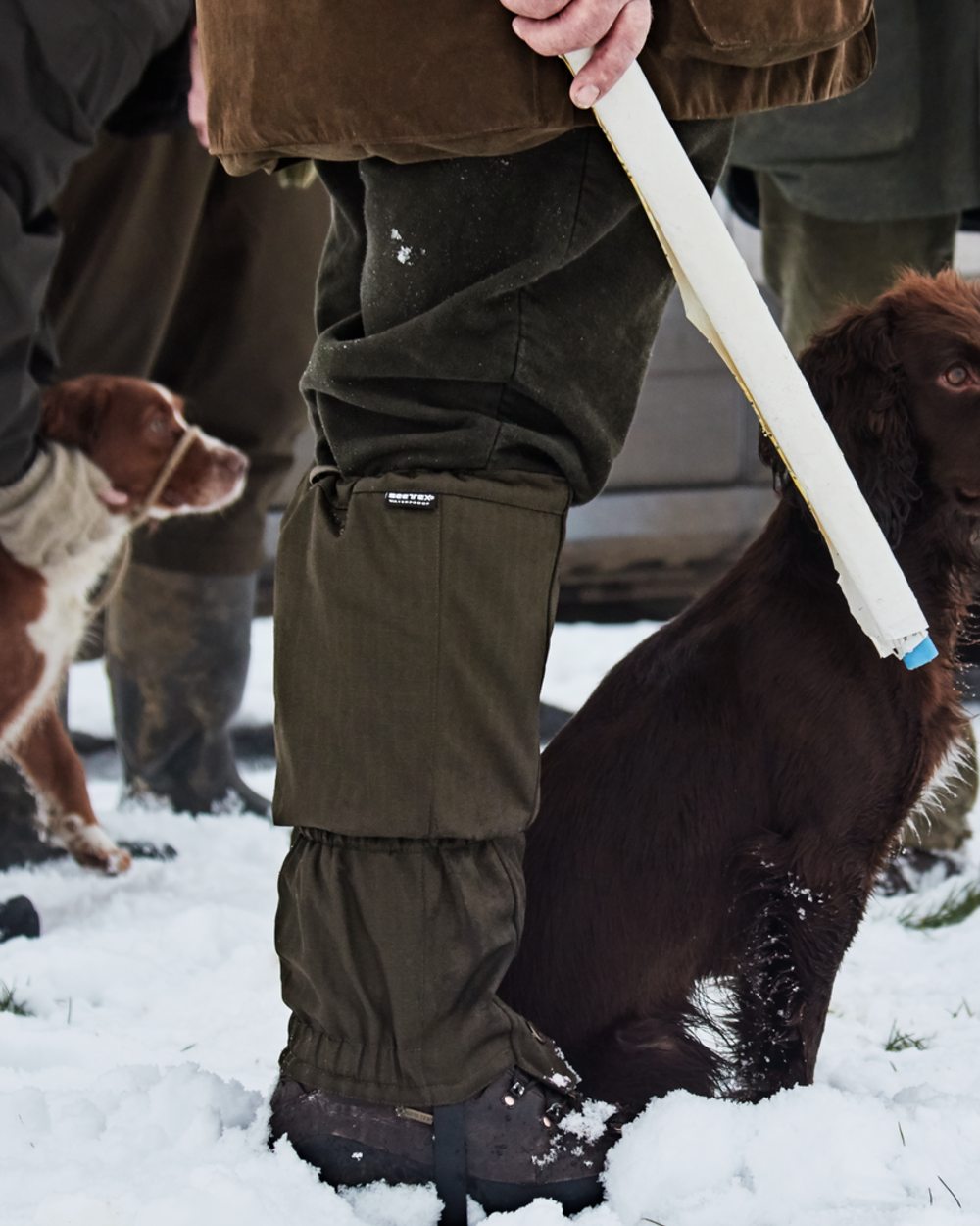 Shaded Olive Coloured Seeland Buckthorn Gaiters on snow background