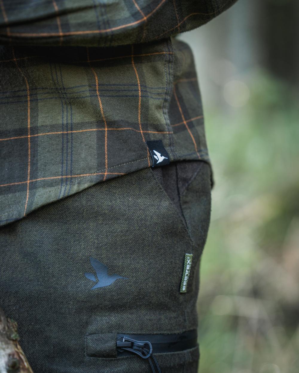 Pine Green Dark Navy Check Coloured Seeland Childrens Glen Flannel Shirt on outdoor background