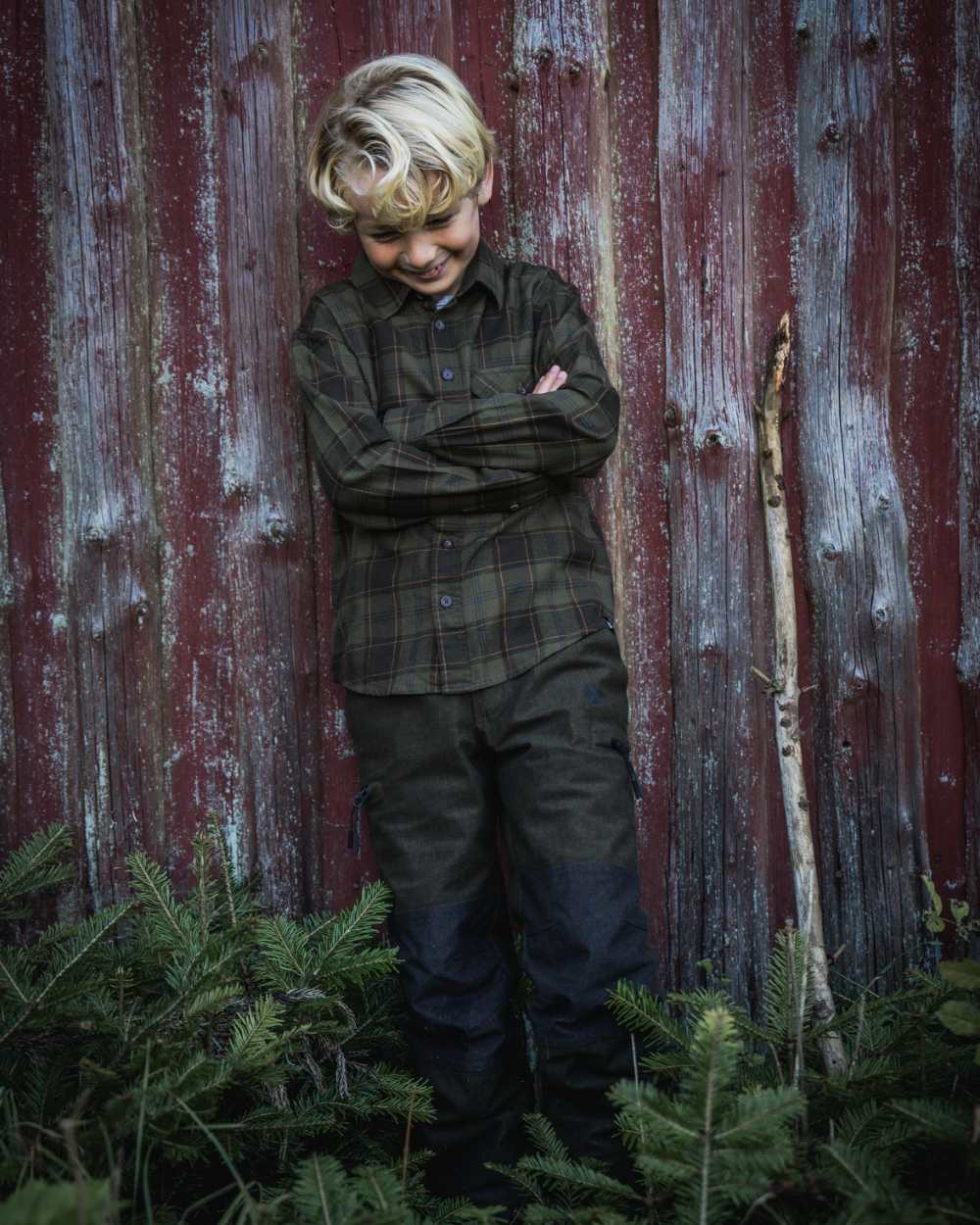 Pine Green Dark Navy Check Coloured Seeland Childrens Glen Flannel Shirt on outdoor background