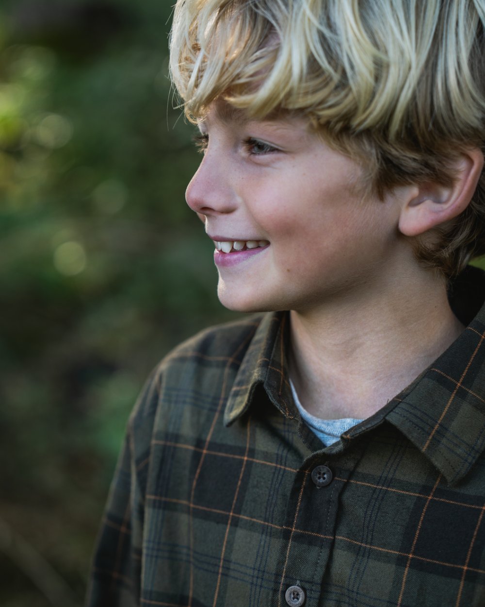 Pine Green Dark Navy Check Coloured Seeland Childrens Glen Flannel Shirt on outdoor background