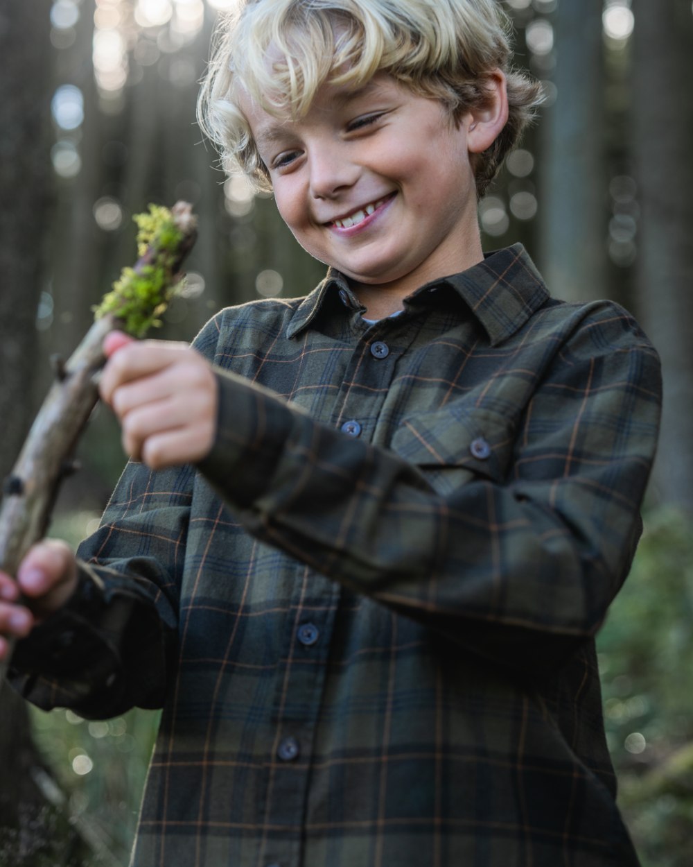 Pine Green Dark Navy Check Coloured Seeland Childrens Glen Flannel Shirt on outdoor background